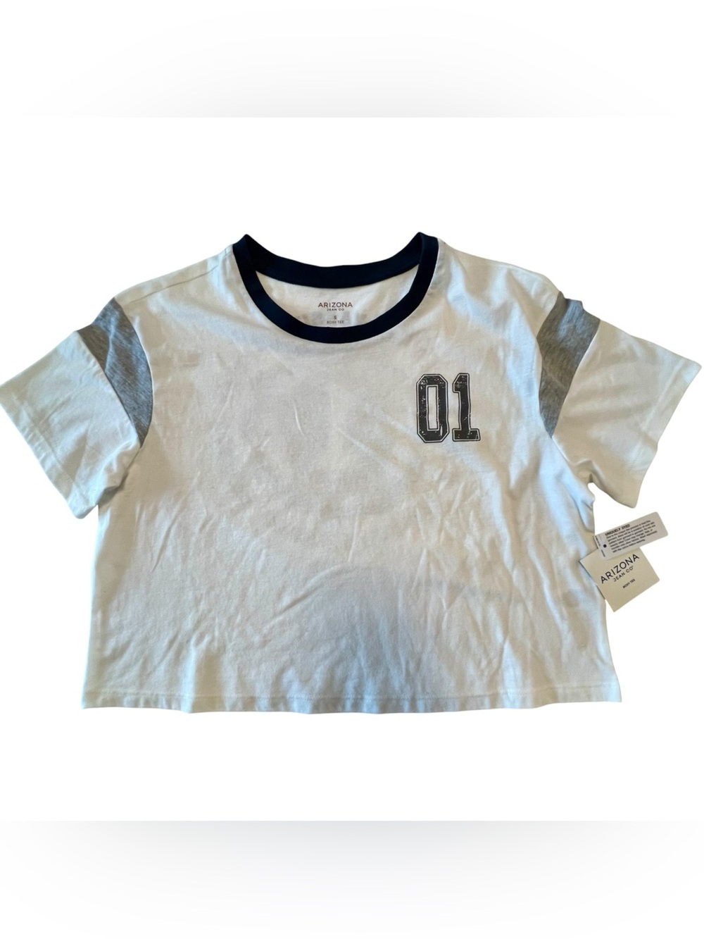 Arizona Jean Company White Tee with Gray Sleeve Accents and Navy Trim